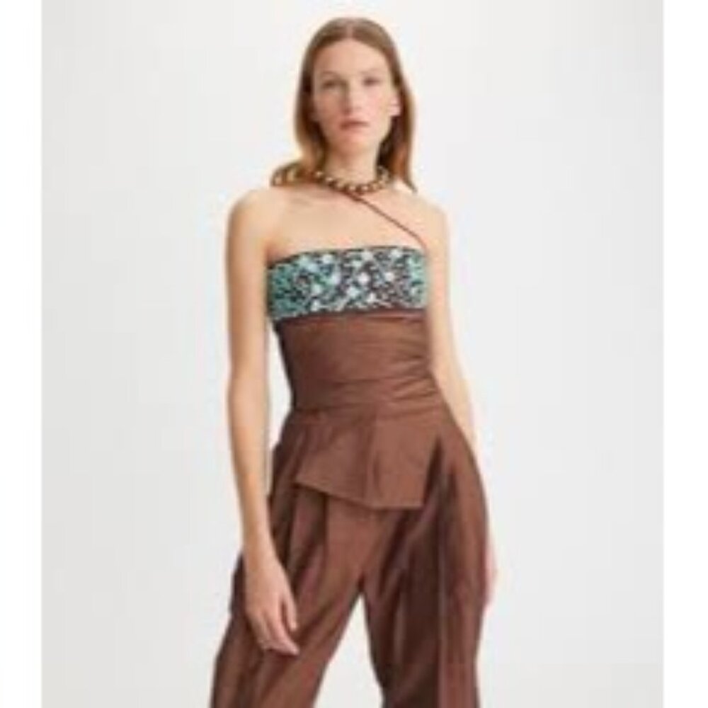 T-162. Tory Burch Lollipop Linen and Shantung Wrap Top Copper Brown US 12